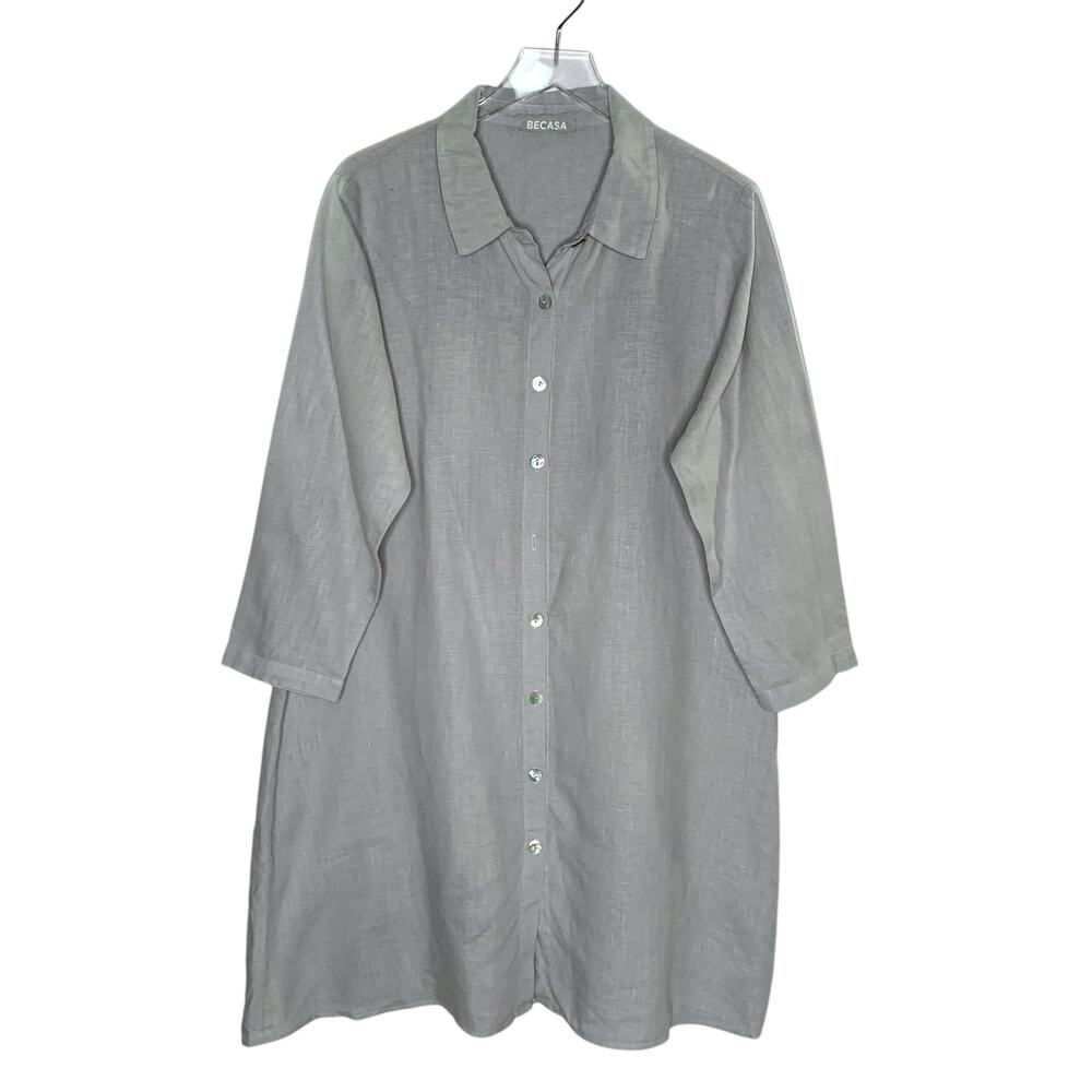 Becasa L Margo Midi Button Front Shirt Dress Gray Linen Lagenlook Coastal *flaw
